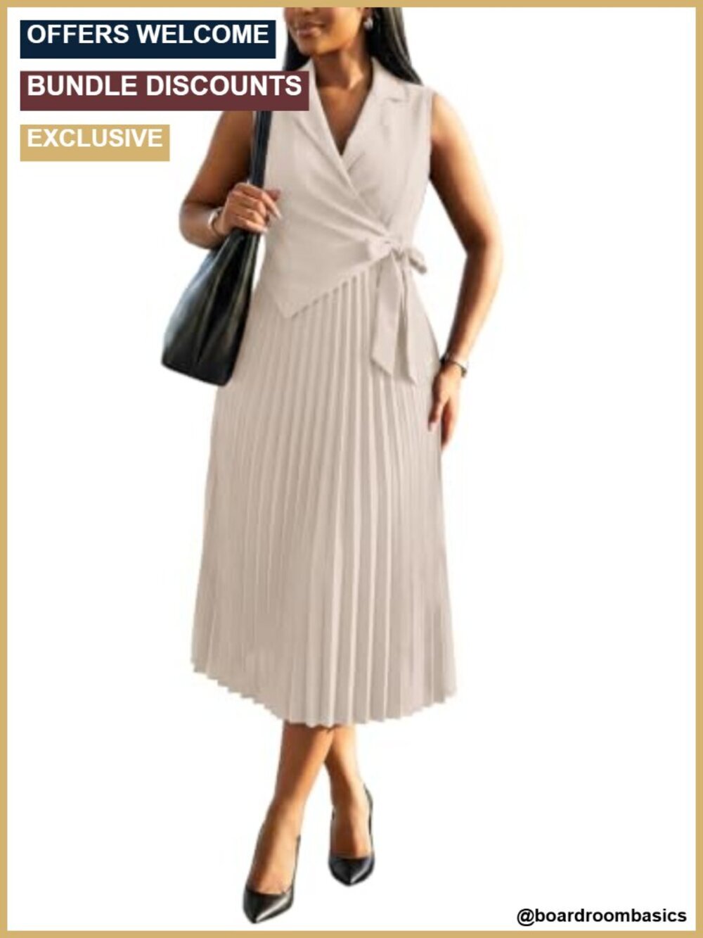 Women's Sleeveless V-Neck Midi Work Dress Ruched High Waist A-Line